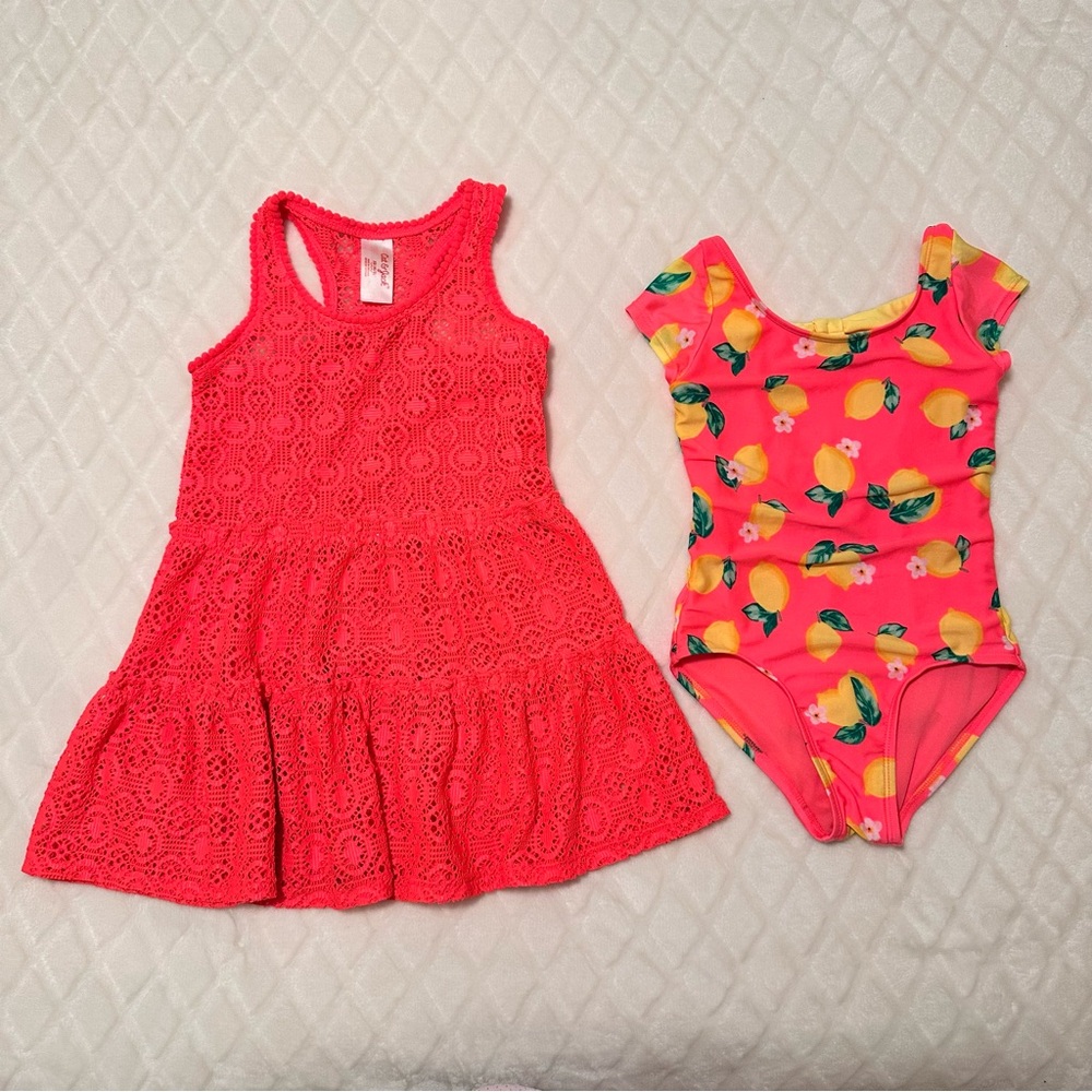 Cat & Jack Lemon Print Swimsuit and Beach Lace Coverup Dress Set